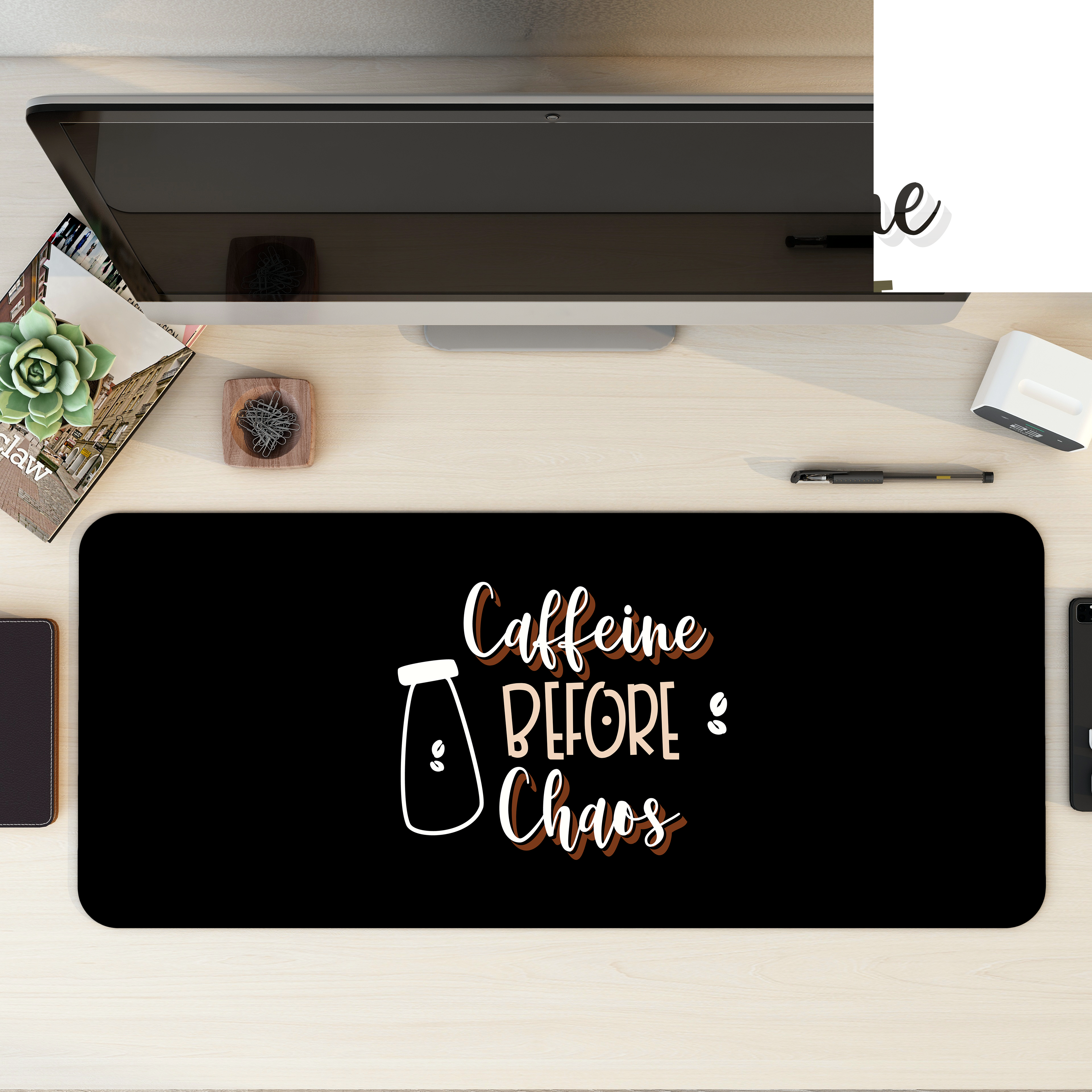 Caffeine before chaos Coffee Desk Mat | Desk Pad | Mouse Pad
