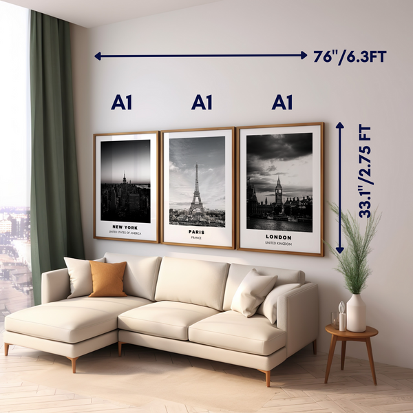Set of 3 Beautiful Cities B&W (London, Paris, New York) Wall Art